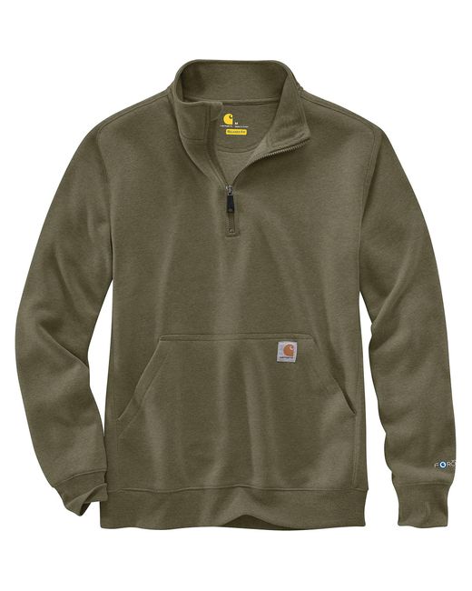 Carhartt Cotton Force Relaxed Fit Midweight 1/4 Zip Pocket Sweatshirt in Moss Heather (Green 