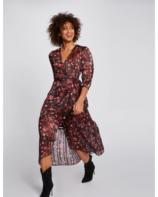 Robe Midi Portefeuille Imprime Floral Morgan En Coloris Rouge Lyst