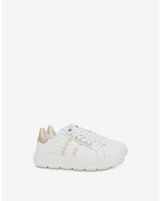 Moschino White Heart Studs Nappa Leather Sneakers