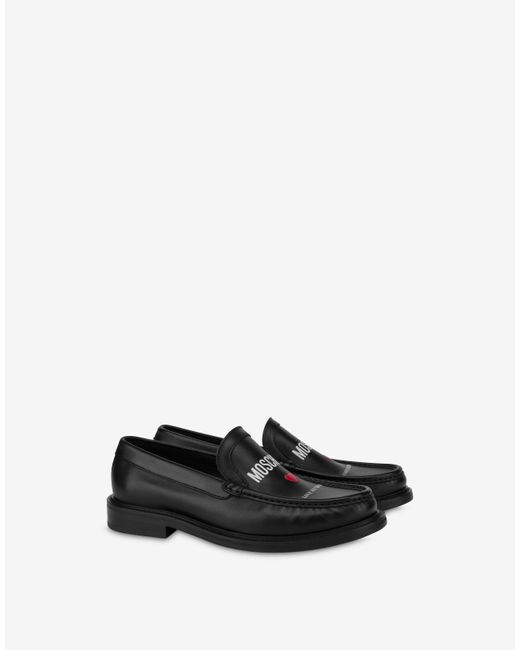 Moschino White In Love We Trust Calfskin Loafers