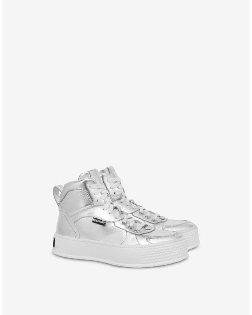 Sneakers Montantes En Cuir Nappa Lamé Bumps & Stripes Moschino en coloris White