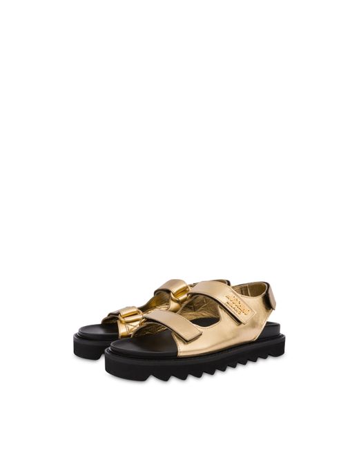 Moschino Leather Metal Logo Foiled Platform Sandals in Gold (Metallic ...