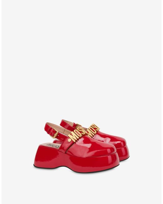 Moschino Red Maxi Lettering Wedge Mules