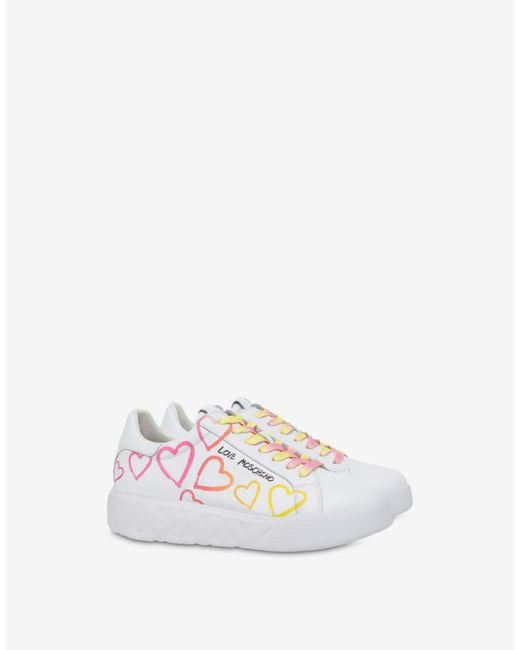 Moschino White Heart Love Calfskin Sneakers