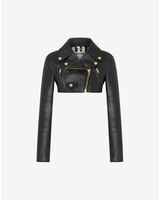 Moschino Black Nappa Leather Cropped Biker Jacket