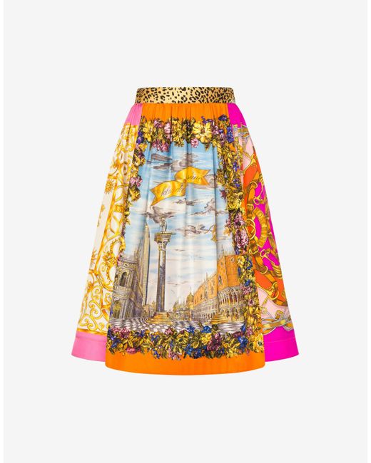Moschino Orange Scarf Print Twill Skirt