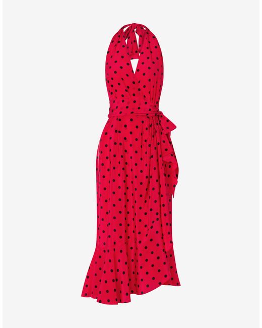 Moschino Red Kleid Aus Crêpe De Chine Allover Polka Dots