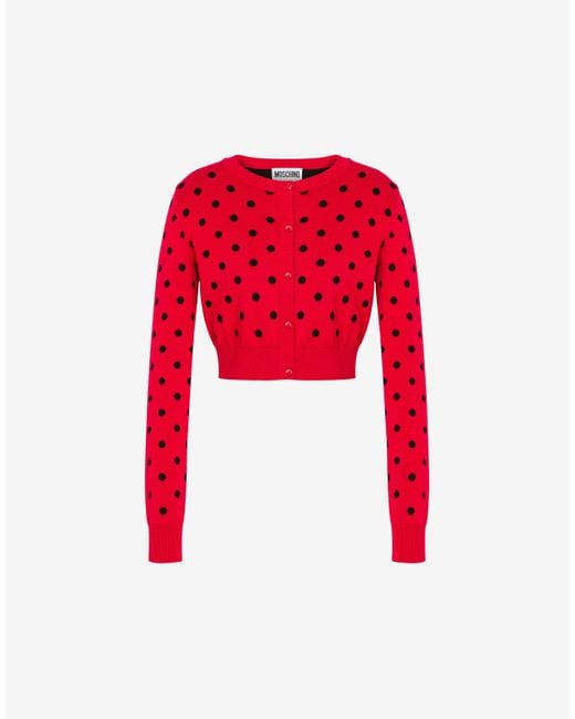Moschino Red Allover Polka Dots Knitted Cropped Cardigan