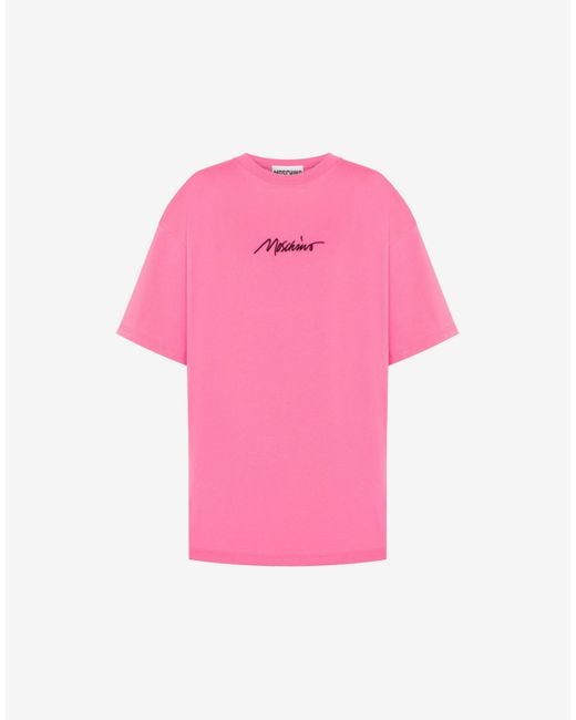 T-shirt In Jersey Organico Logo Embroidery di Moschino in Pink