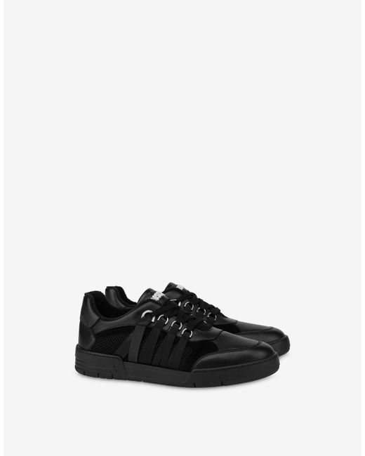 Moschino Black Mesh, Calfskin And Split Leather Streetball Sneakers