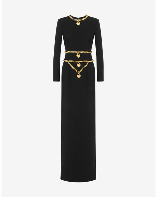 Robe Longue En Crêpe Envers Satin Chain & Heart Moschino en coloris Black
