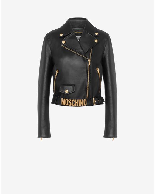 Moschino Black Lettering Logo Nappa Leather Biker Jacket