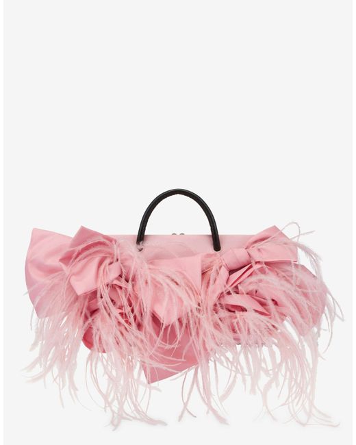 Moschino Pink Small Satin Shopper With Bows And Feathers