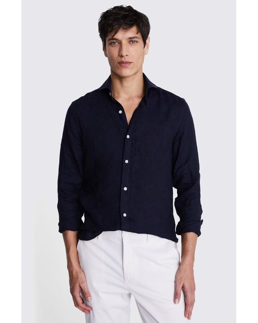 Moss Bros Blue Tailored Fit Linen Shirt for men