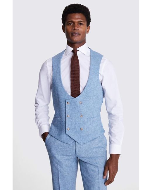 Moss Bros Blue Tailored Fit Aqua Donegal Waistcoat for men