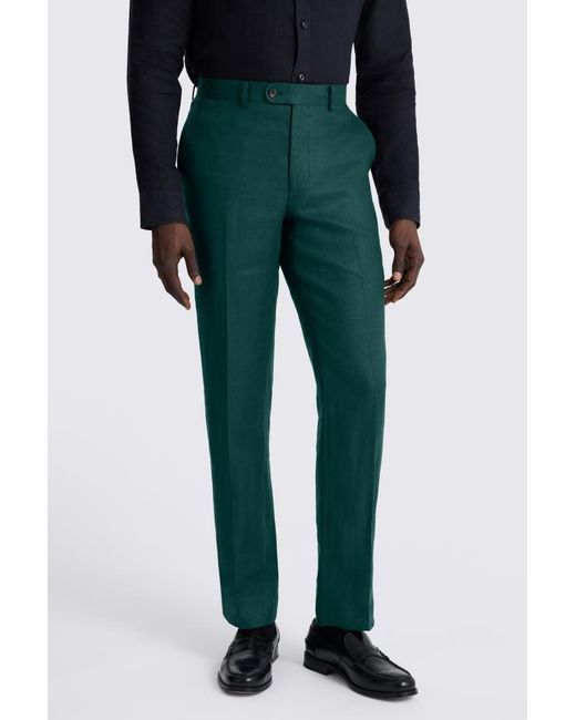 Moss Bros Green Slim Fit Emerald Twill Linen Trousers for men