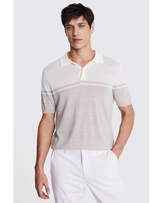 Moss Bros White Neutral Stripe Linen Blend Knitted Polo for men