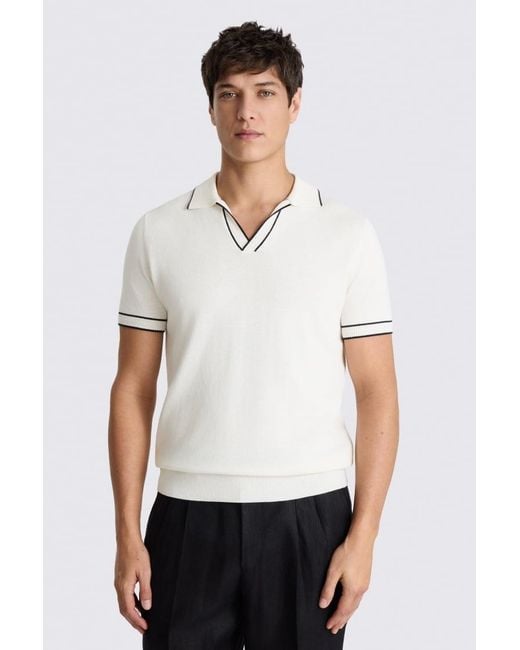 Moss Bros White Off- Contrast Placket Cotton Skipper Polo Shirt for men