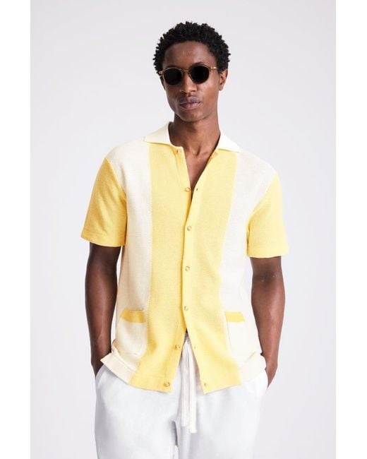 Moss Bros Yellow Stripe Pique Knit Shirt for men