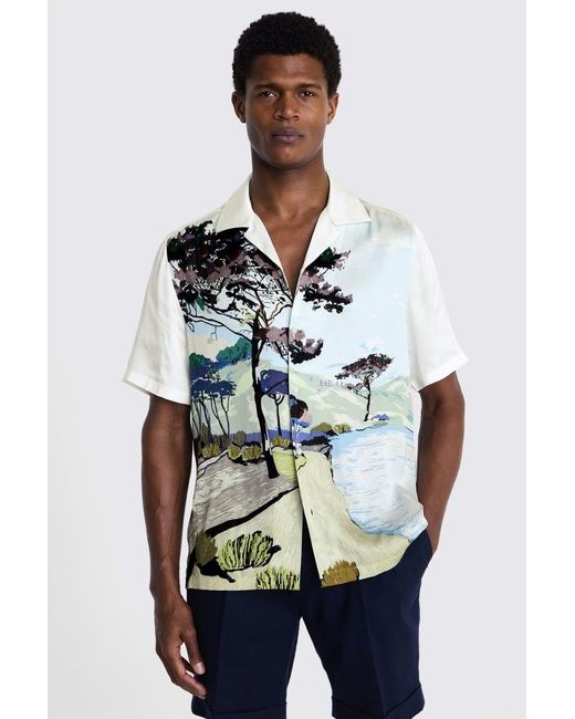 Moss Bros Green Landscape Print Cuban Collar Shirt for men