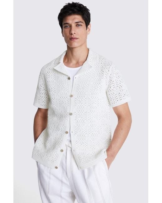 Moss Bros White Off Crochet Cuban Shirt for men