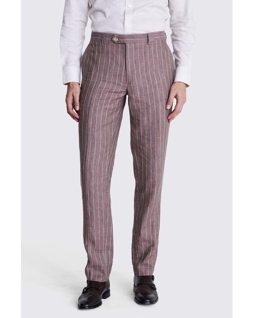 Moss Bros Purple Slim Fit Dusty Stripe Linen Trousers for men