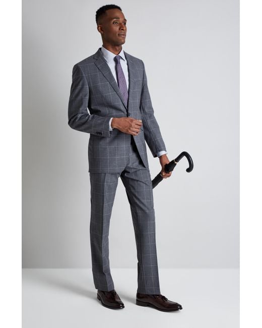 Moss Bros Gray Savoy Taylors Guild Tailored Fit Grey Windowpane Suit for men