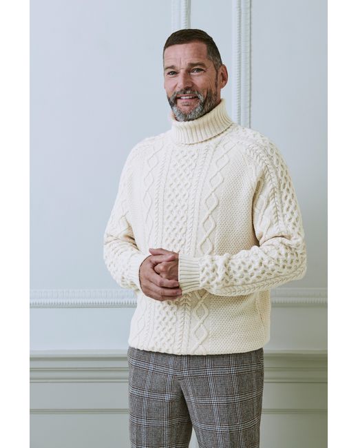 Moss Bros White Ecru Chunky Cable Roll-neck Jumper for men