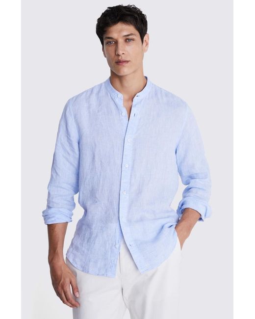 Moss Bros Blue Tailored Fit Sky Linen Grandad Collar Shirt for men
