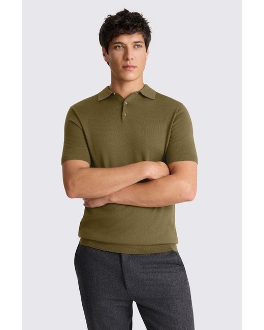 Moss Bros Green Merino Knitted Polo Shirt for men
