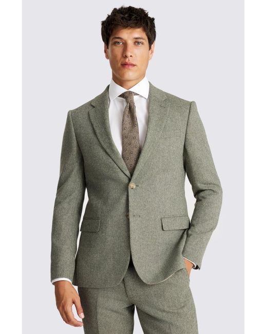 Moss Slim Fit Sage Herringbone Tweed Suit Jacket in Grey for Men
