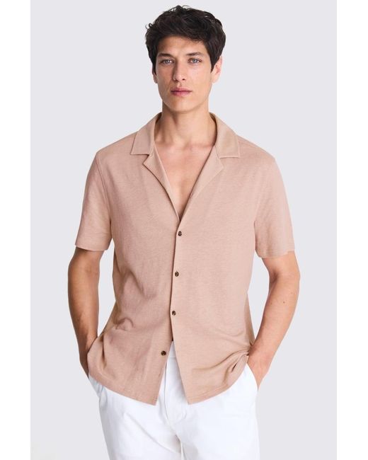 Moss Bros Pink Linen Blend Knitted Cuban Collar Shirt for men