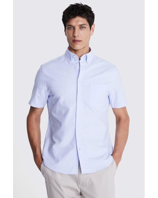 Moss Bros White Sky Short Sleeve Washed Oxford Shirt for men
