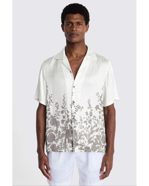 Moss Bros White Taupe Floral Print Cuban Collar Shirt for men
