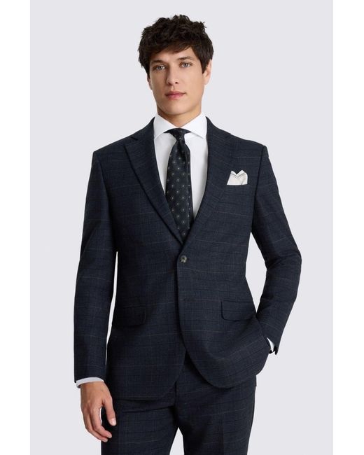 Moss Bros Blue Regular Fit Check Suit Jacket for men
