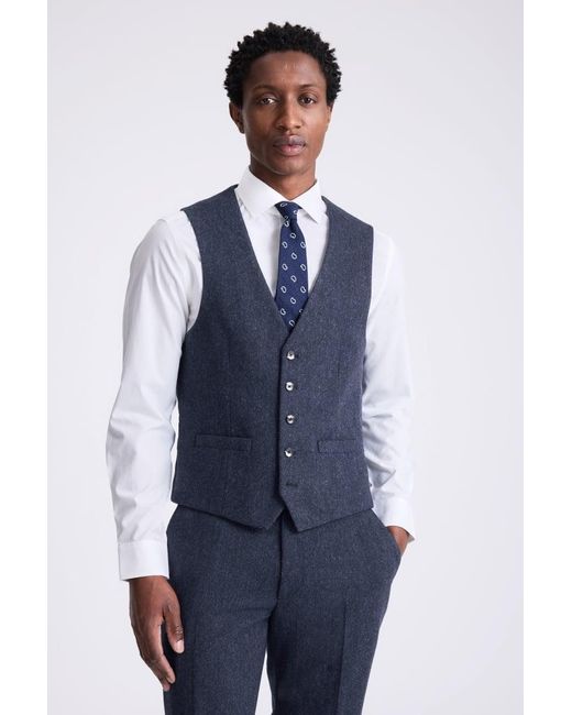 Moss Bros Blue Slim Fit Donegal Waistcoat for men