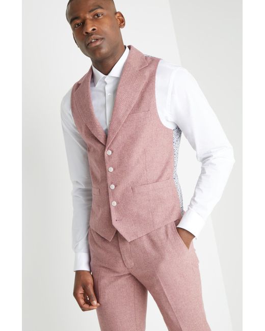 Moss London Slim Fit Pink Herringbone Tweed Waistcoat for men