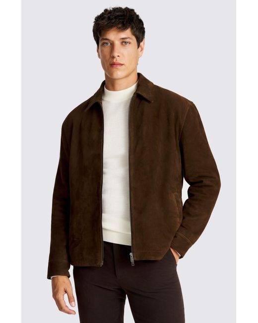 Moss Bros Brown Dark Chestnut Suede Zip Jacket for men