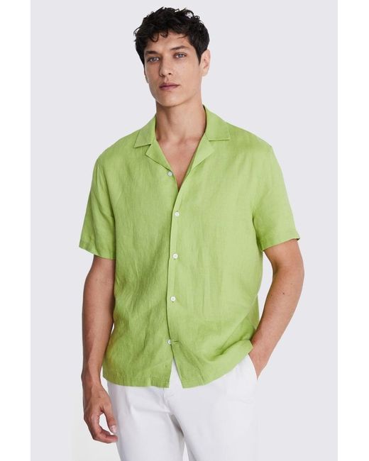 Moss Bros Green Tailored Fit Acid Linen Cuban Collar Shirt for men