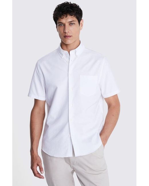 Moss Bros White Short Sleeve Washed Oxford Shirt for men