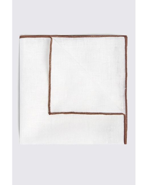 Moss Bros White Linen Pocket Square With Chocolate Border for men