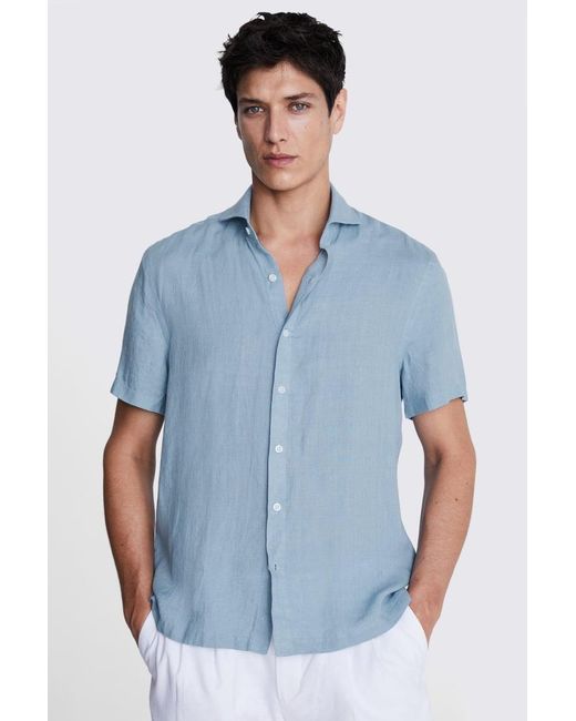 Moss Bros Blue Tailored Fit Short Sleeve Linen Shirt for men