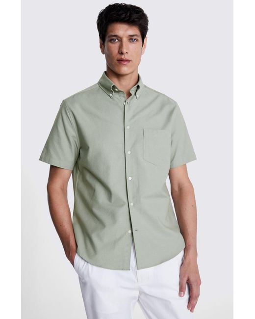 Moss Bros Green Sage Short Sleeve Washed Oxford Shirt for men