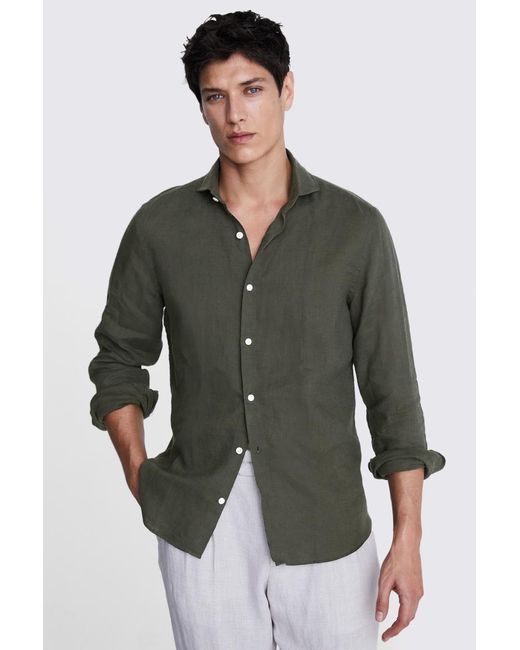 Moss Bros Green Tailored Fit Khaki Linen Shirt for men