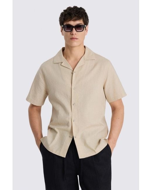 Moss Bros Natural Neutral Cotton Linen Cuban Shirt for men