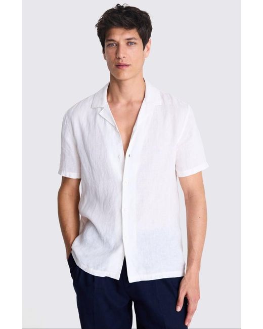 Moss Bros White Tailored Fit Off- Linen Cuban Collar Shirt for men
