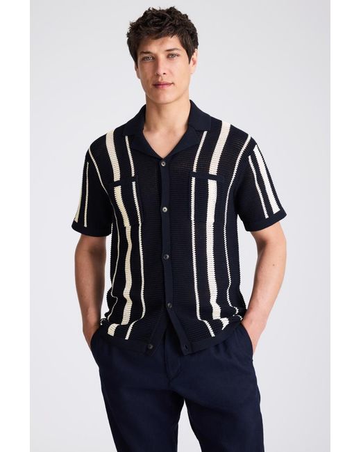 Moss Bros Blue Stripe Open Knit Shirt for men
