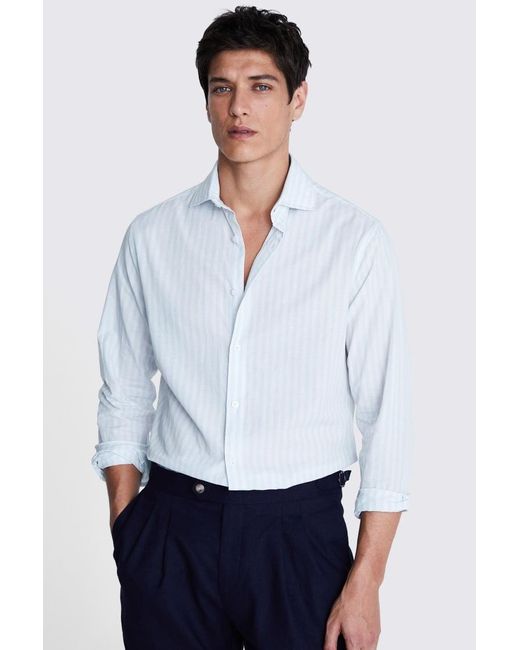 Moss Bros White Cotton Linen Sky Bengal Stripe Shirt for men