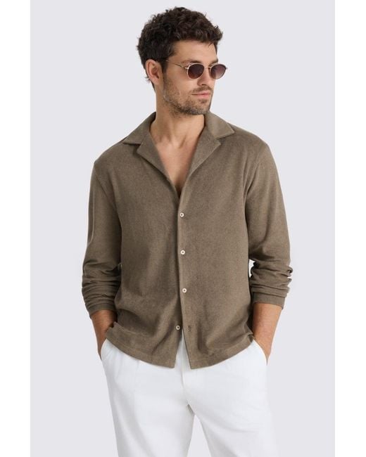 Moss Bros Brown Taupe Terry Towelling Cuban Collar Shirt for men