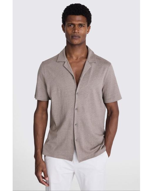 Moss Bros Brown Dark Taupe Linen Blend Knitted Cuban Collar Shirt for men